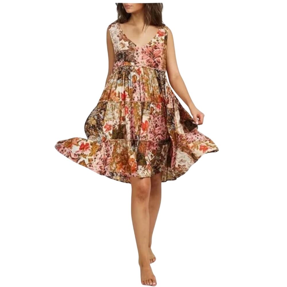 Talisman Lucky Charm Enchanted Patchwork Print V-Neck Tiered Swing Dress Size S